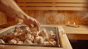 Eine Person, die Saunasteine wechselt.