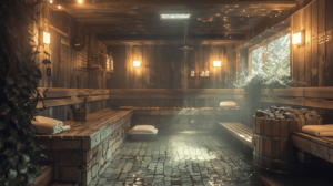 Eine schön eingerichtete Sauna mit Elektroofen